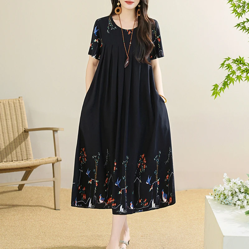 New 2025 Summer Dress For Women Plus Size Dress Casual Short Sleeve Boho Vintage Print Long Maxi Dress Beach Women Clothing