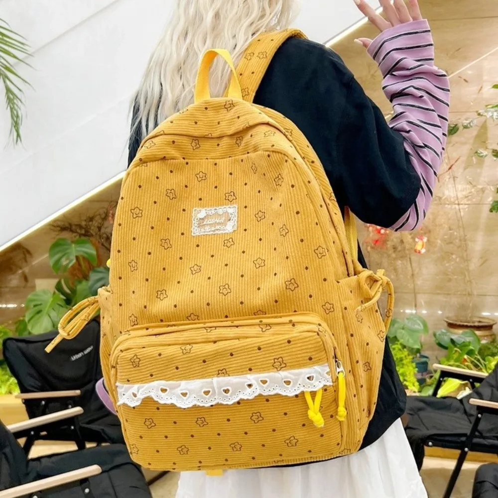 Corduroy Material Corduroy Backpack Polka Dot Print Lace Floral Print School Backpack Aesthetic Design Kawaii Style