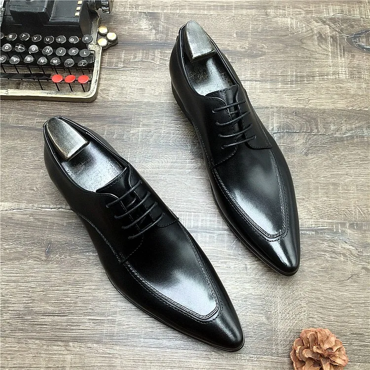 HKDQ Genuine Leather Shoes Men Business Dress Pointed Toe Brogue Lace Up Wedding Oxford Shoes Formal Black Party Dress Shoes