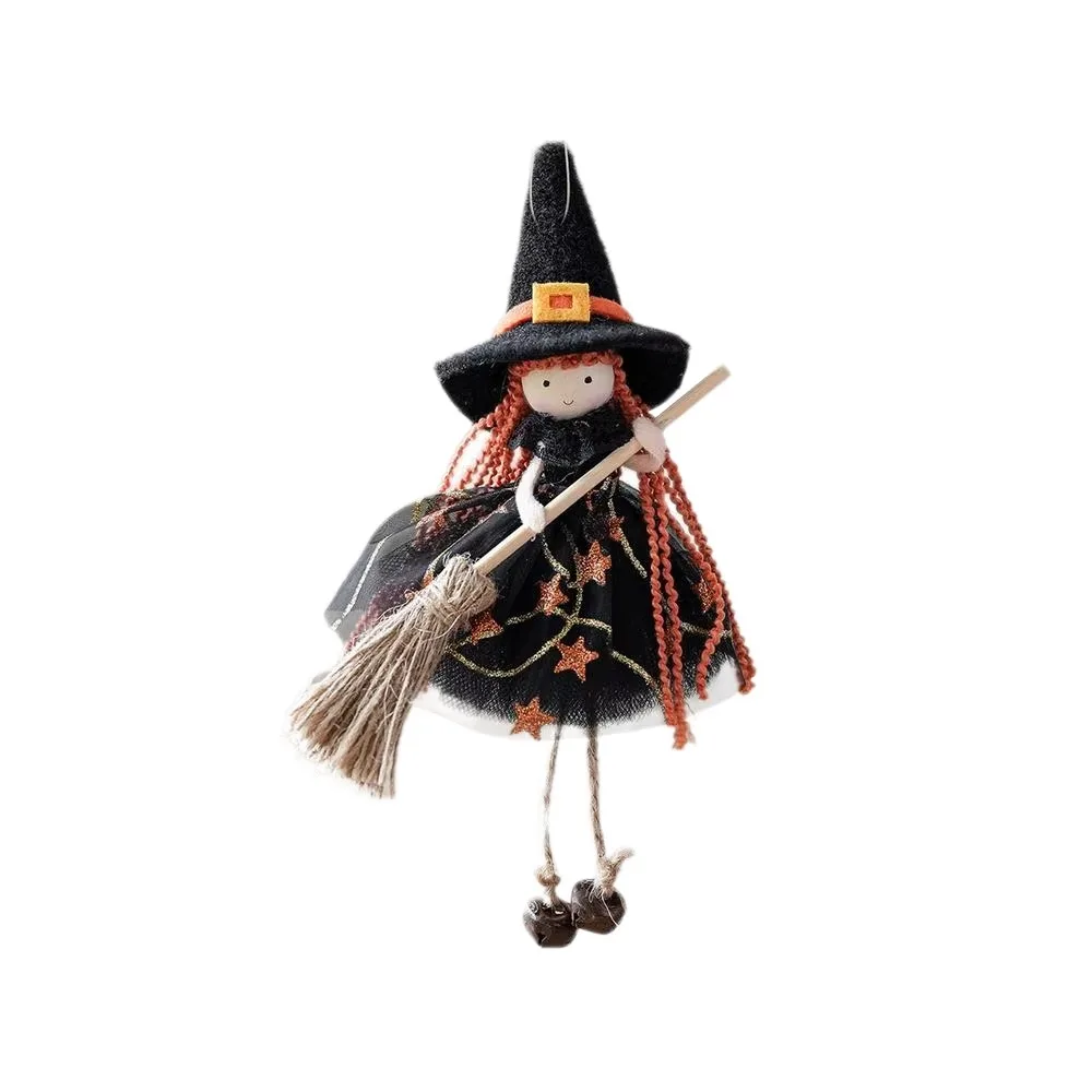 

Funny Hanging Broom Girl Angel Pendant Kid Toy Mesh Witch Figurine Handicraft Bell Foot Cute Halloween Decoration Ghost Festival