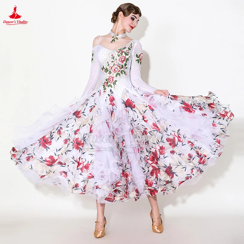 

Элегантные платья для социальных танцев для взрослых и женщин с длинными рукавами, большие качели, вальс, фокстрот, Quickstep, стандартная одежда для бальных соревнований