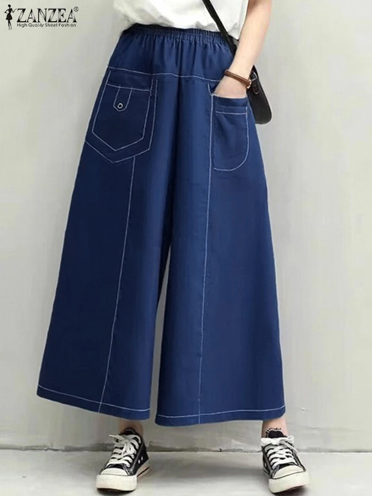 ZANZEA Herbst Breite Bein Hosen 2025, Frauen Elegante Mode Lässig Lose Einfarbig Lange Hosen Hohe Taille Vintage Hosen Übergroßen