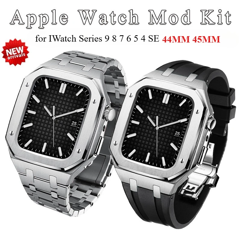 

Luxury metal silicone watch band for Apple Watch Series 9 8 7 SE 6 54 45mm 44mm Rubber band steel case for IWatch Series 44/45mm