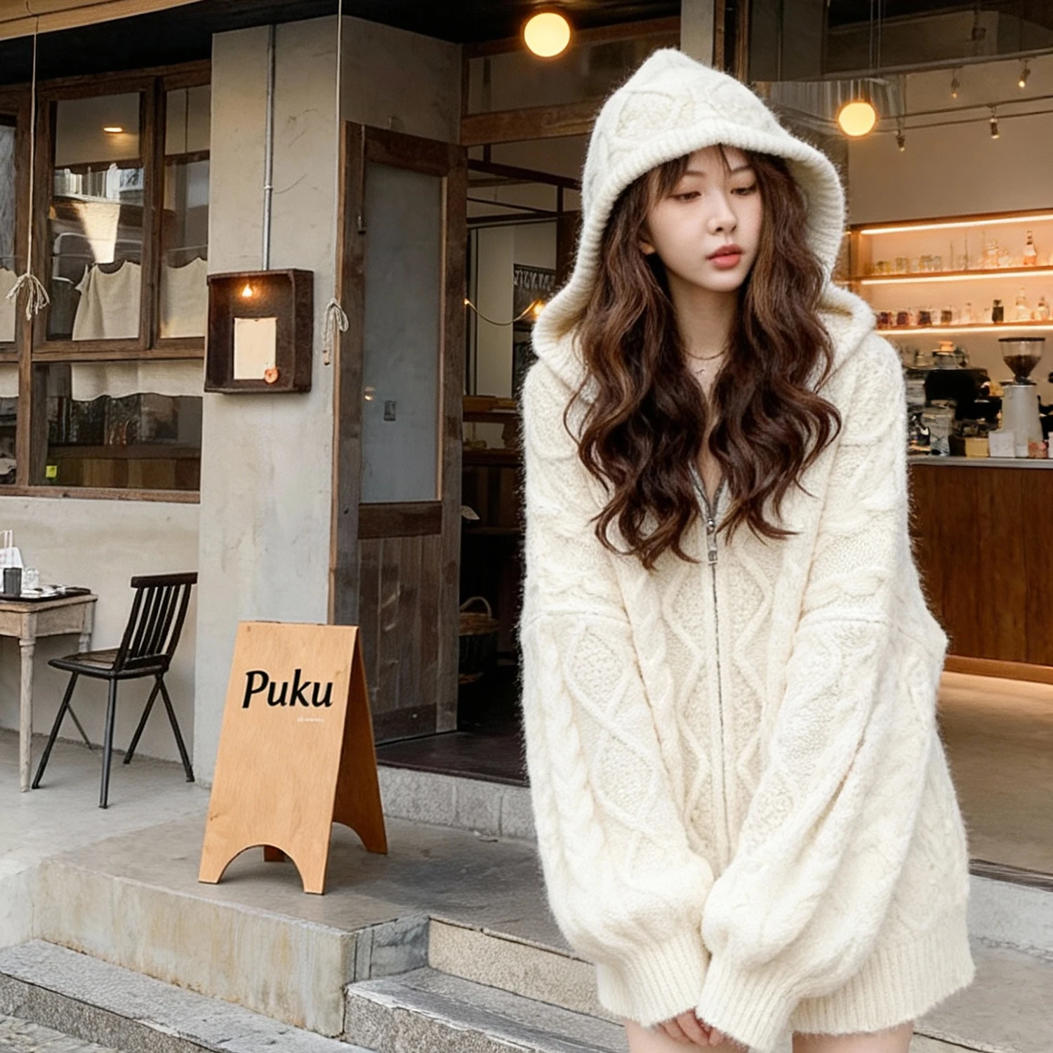 

Мягкий уютный женский вязаный кардиган-пальто с капюшоном из шерсти, осенне-зимний, свободного кроя, с эффектом высококачественного материала, с узором «косы», в уличном стиле, цвет молочный