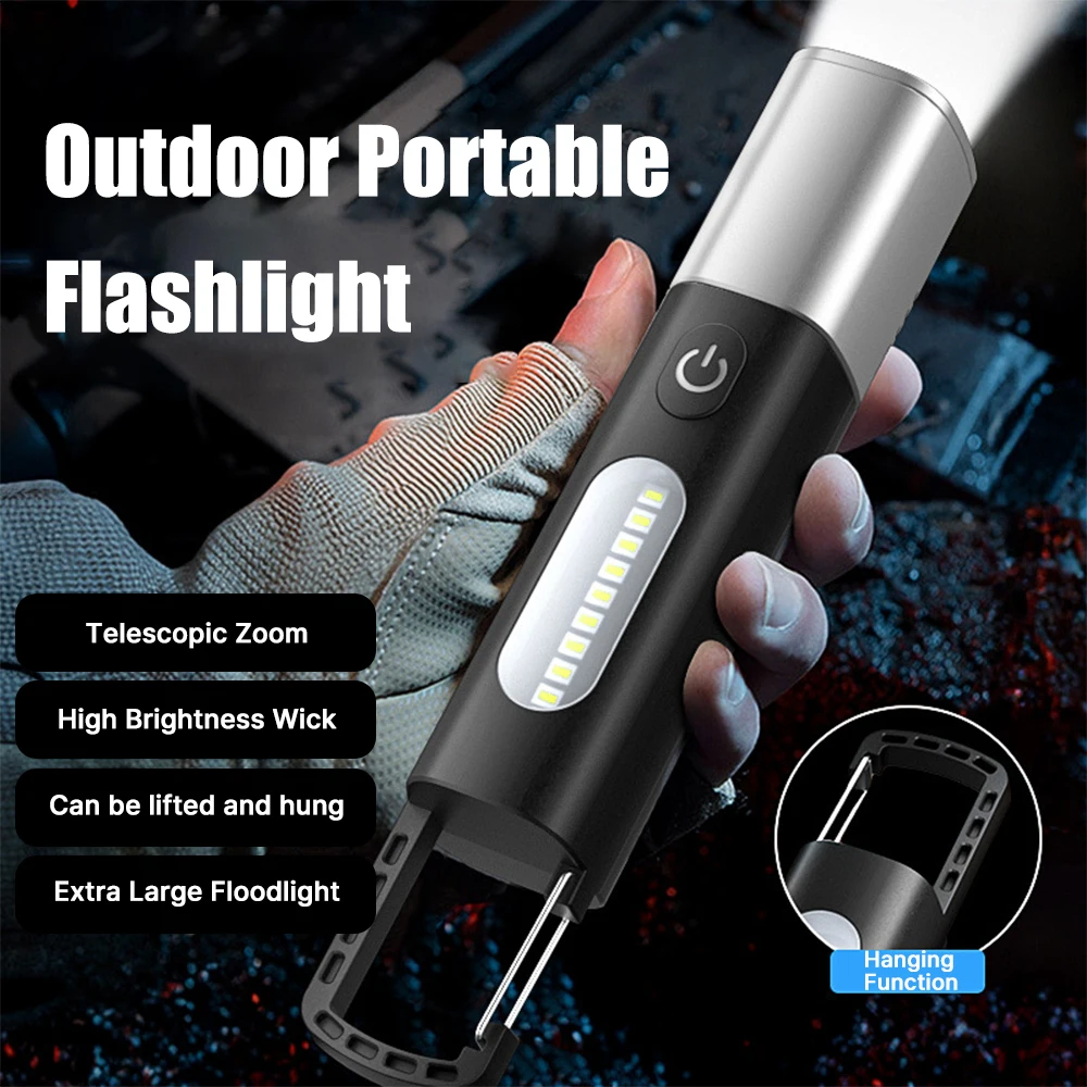 Portable LED Flashlight USB Rechargeable with Hook Zoomable Torch Outdoor Camping Hiking Long-range Emergency Lantern