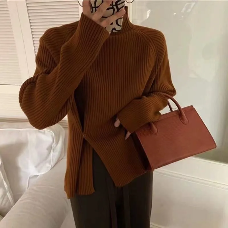 터틀넥 스웨터 겨울 니트 시크 탑 여성 의류 여성용 리브드 점퍼 긴팔 티셔츠