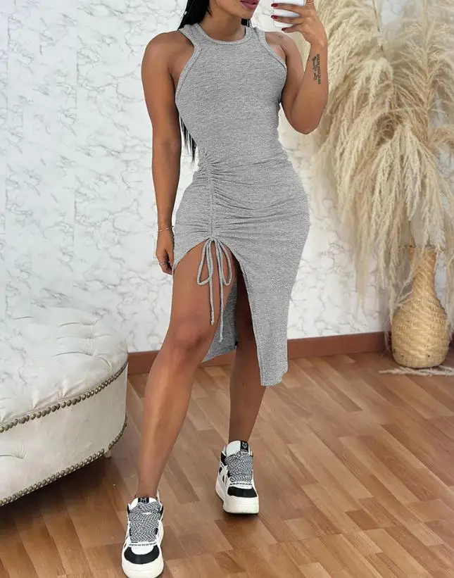 

Sleeveless Side Drawstring Slit Ribbed Midi Dress Casual Slim Fit Dress