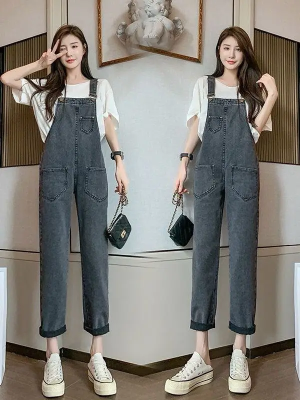 Luźne damskie ogrodniczki dżinsowe z wysokim stanem, niebieskie, codzienne, jesienne, nowość, odmładzające, modne spodnie cargo.