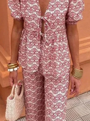 

Женский повседневный комплект на шнуровке с цветочным принтом ort Sve, длинные брюки, костюм V-Ne, состоящий из двух предметов, весенний ансамбль Faion