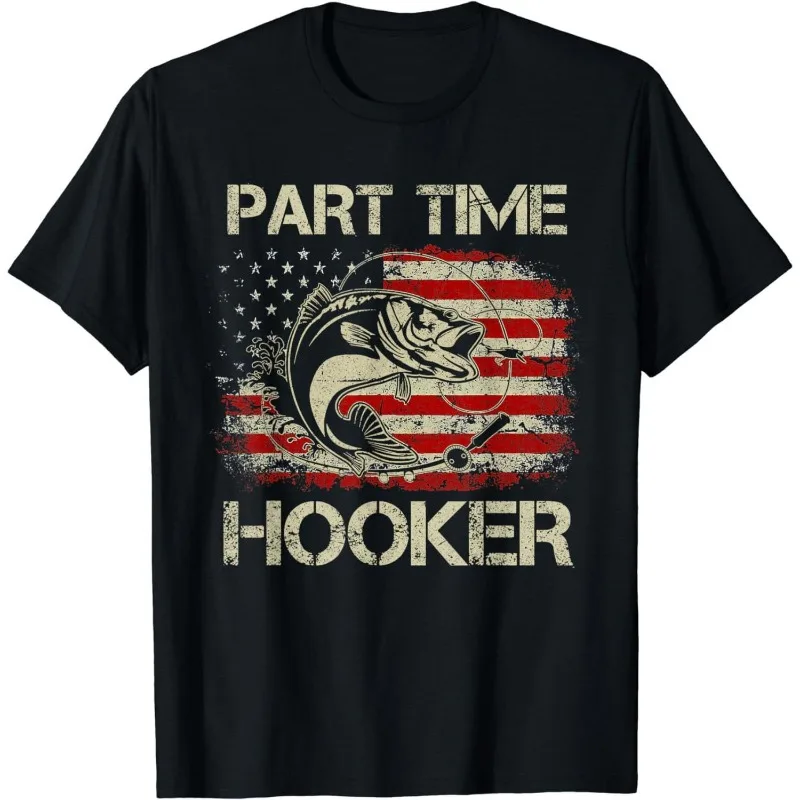 

Funny Fishing T Shirt Part Time Hook Fisherman USA Flag Graphic Tee Outdoor Angler Gift for Men Women Casual Summer Top