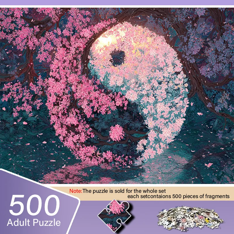 Pudełko (A) puzzli dla dorosłych, z motywem różowego kwiatu wiśni i Tai Chi - odporne na zarysowania, wymagające, odpowiednie dla dorosłych, rodzinne.
