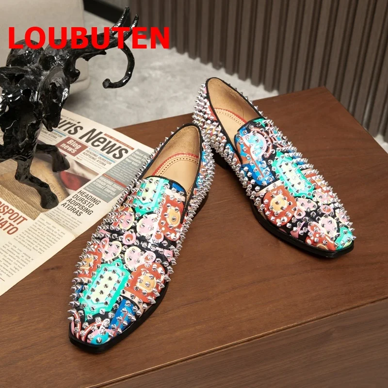 LOUBUTEN Mixed Colors Print Leather Loafers Men Rivets Shoes Handmade Flats Dress Shoes Mens Party Shoes Free Shipping