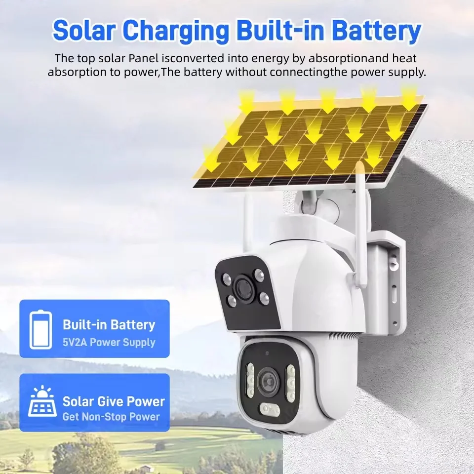 4G Solar Camera Dual Lenses Outdoor 8MP 4K Low Power Battery IP Camera PIR Night Vision  CCTV Security Protection
