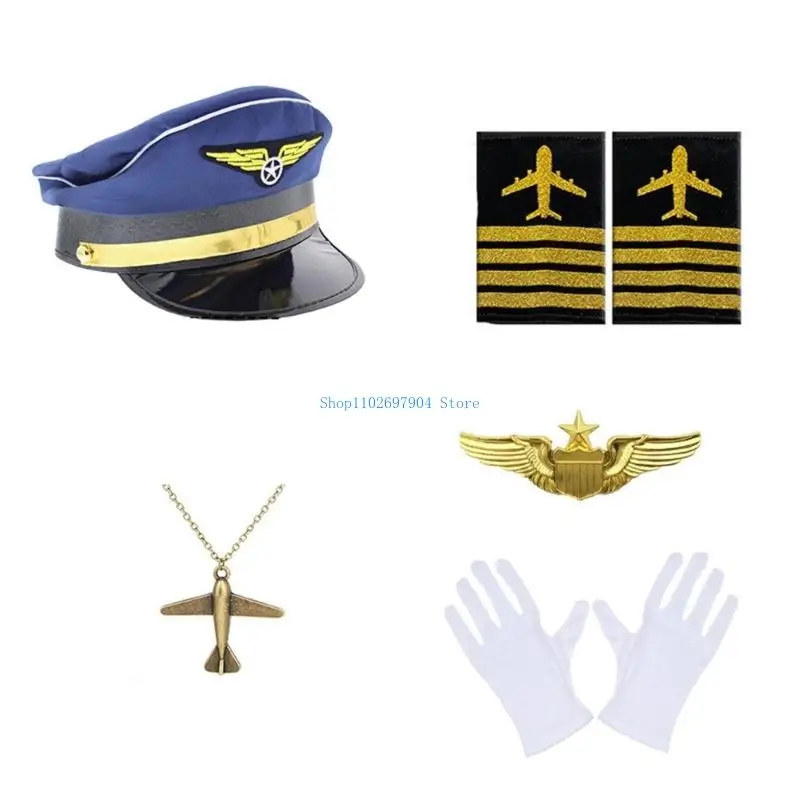 N7YF Flight Attendant Stewardess Role Play Outfit Captain Uniform Epaulettes Hat Tie