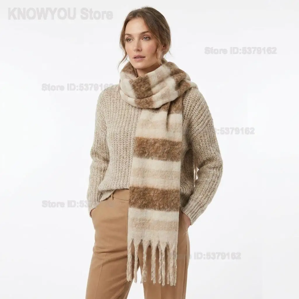 Women Spring Autumn Scarf High Sense Color Block Stripe Korean Couple Warm Thick Neck Wrap Shawl Versatile Daily Outfit Accessor
