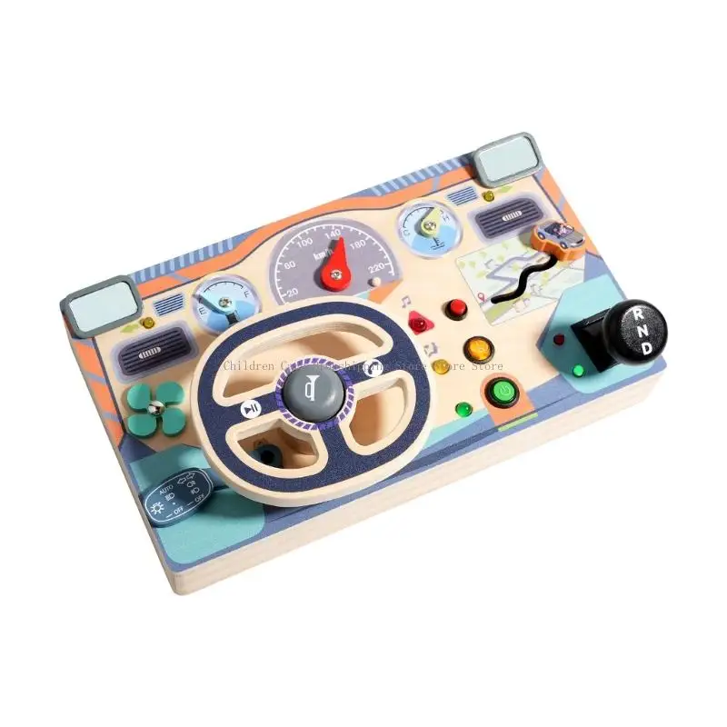 木製ステアリングホイールアクティビティボードおもちゃ LEDライト付きカラフルなボタン付き子供用ロールプレイ想像力アクティビティ楽しい
