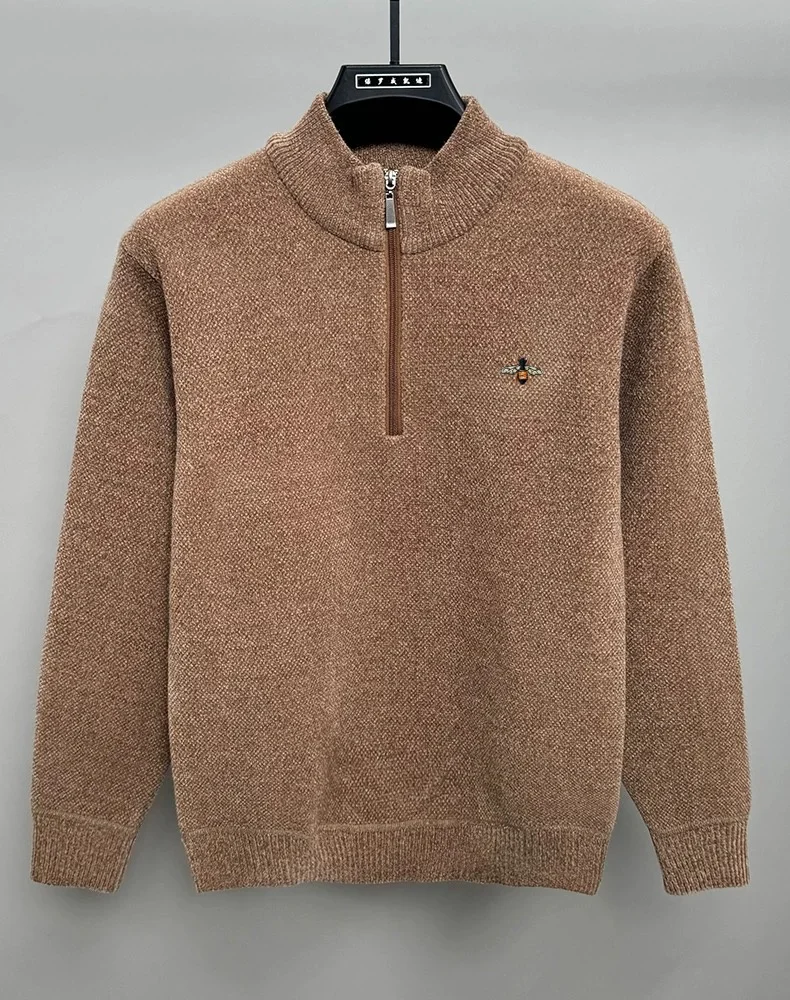 بلوفر رجالي فاخر خفيف بسحاب شبه رقبة عالية ماركة عصرية للخريف والشتاء دافئ مريح جديد سترة محبوكة مطرزة بالنحل #5