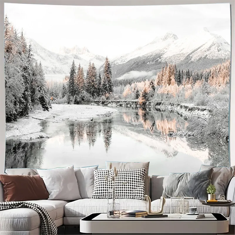 Aesthetic Mountain Landscape Tapestry Wall Hanging Scenic Nature Art Decor Print Forest River Cabin Rustic Boho Style Room Wall