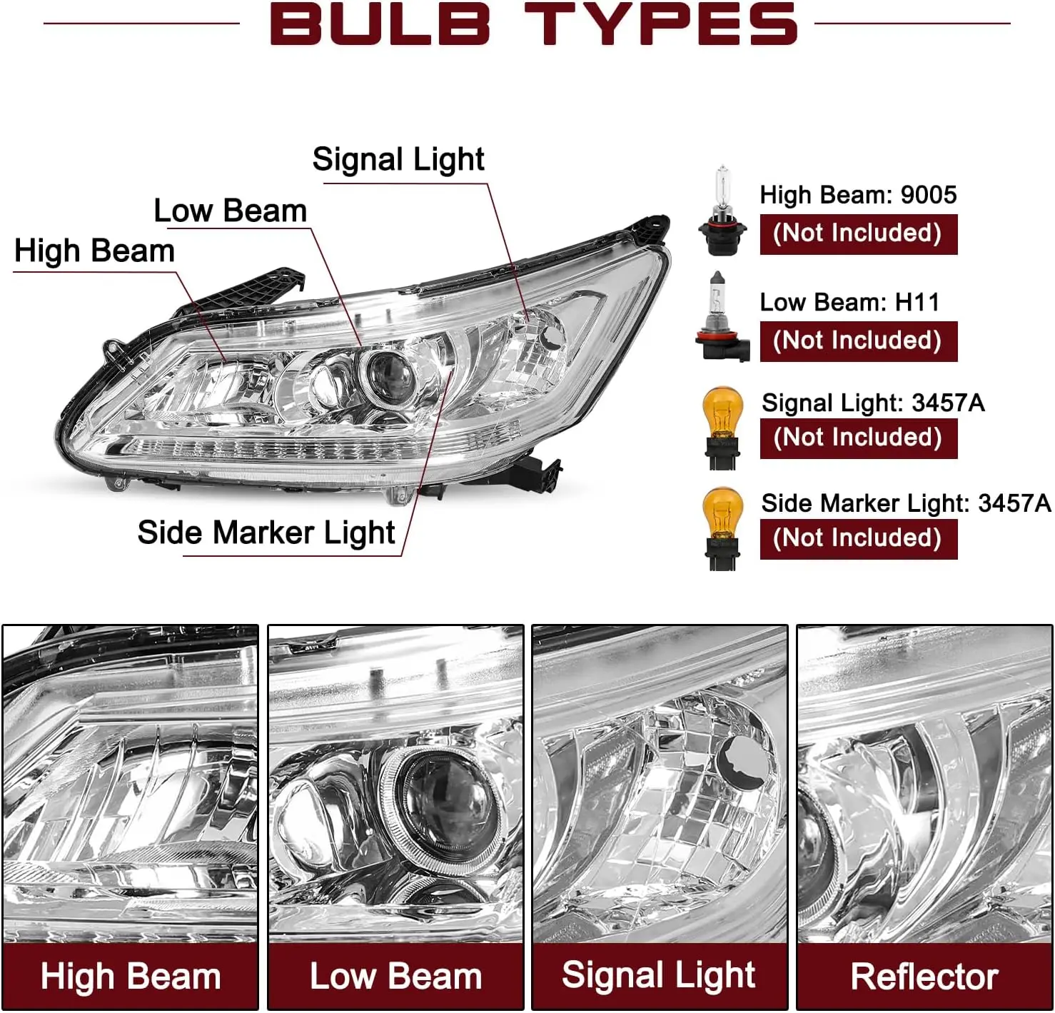 Untuk Honda Accord Sedan 4-Pintu Tahun 2013 2014 2015 [Tipe Halogen Pabrik] Set Pengganti Lampu Depan Proyektor (Chrom