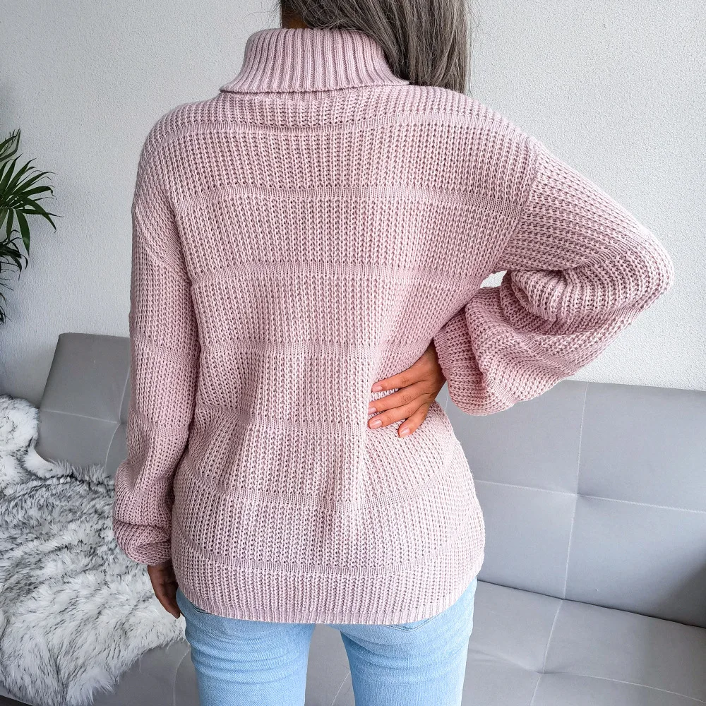 Sweater for Women Autumn and Winter New Solid Color High Neck Long Sleeve Skeleton Knit Fashion Casual Blouse