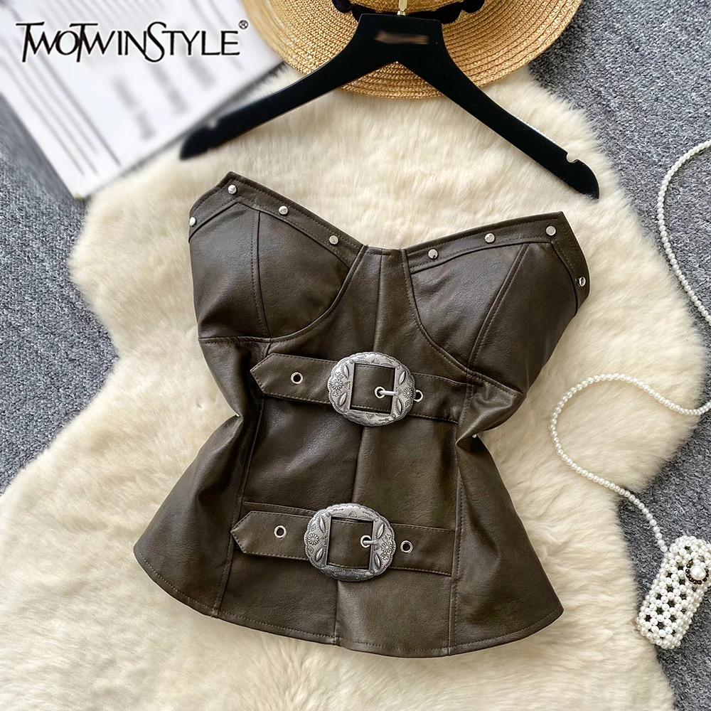 

TWOTWINSTYLE Solid Slim Fit Sexy Vests For Women Strapless Sleeveless Spliced Metal Buckle Designer Vest Female Style KVE547448