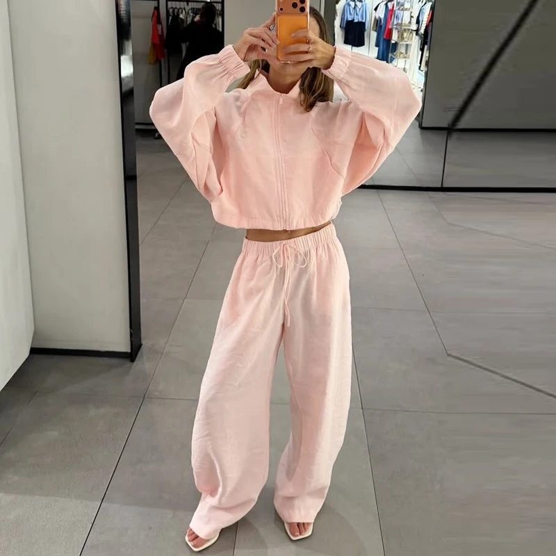 HXAO Übergroße Hosen-Sets Sommer Damenanzug Crop Loose Langarm-Oberteil 2-teiliges Set Weite Schnürhose Urlaubsoutfit Damen – Detail 5