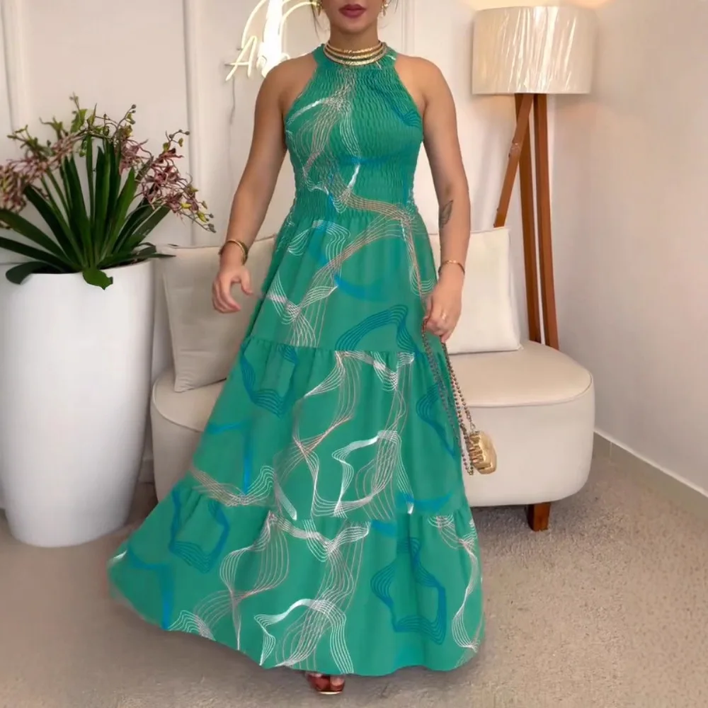 Mulheres verão solto longo abstrato linha impressão halter sem mangas plissado hem vestido casual shirred cintura cinched maxi vestido