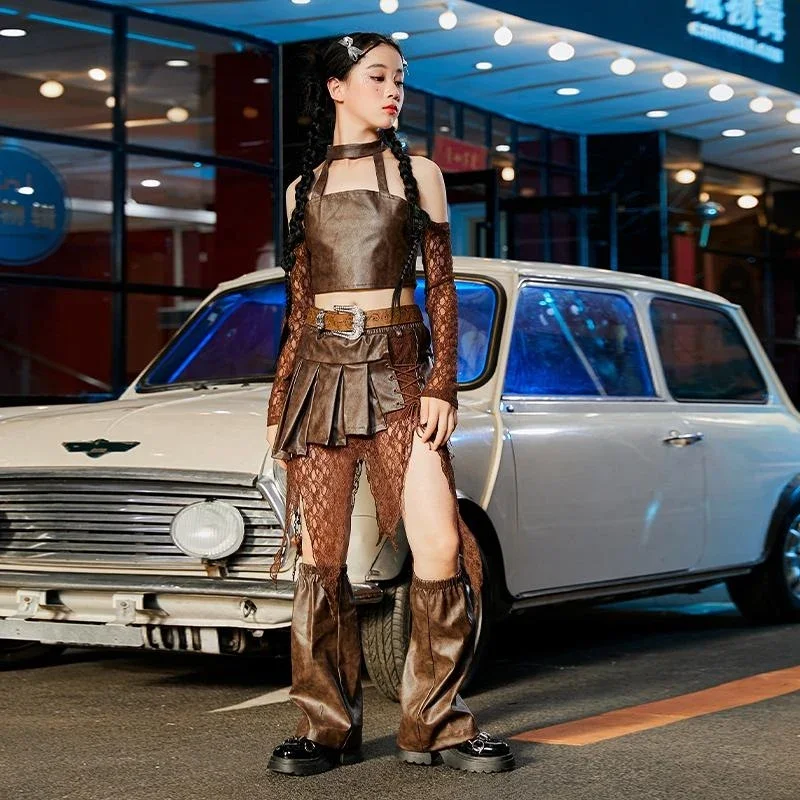 어린이 힙합 댄스 의상 소녀를위한 레이스 슬리브 가죽 탑 스커트 정장 패션 재즈 댄스 축제 무대 의류 브라운