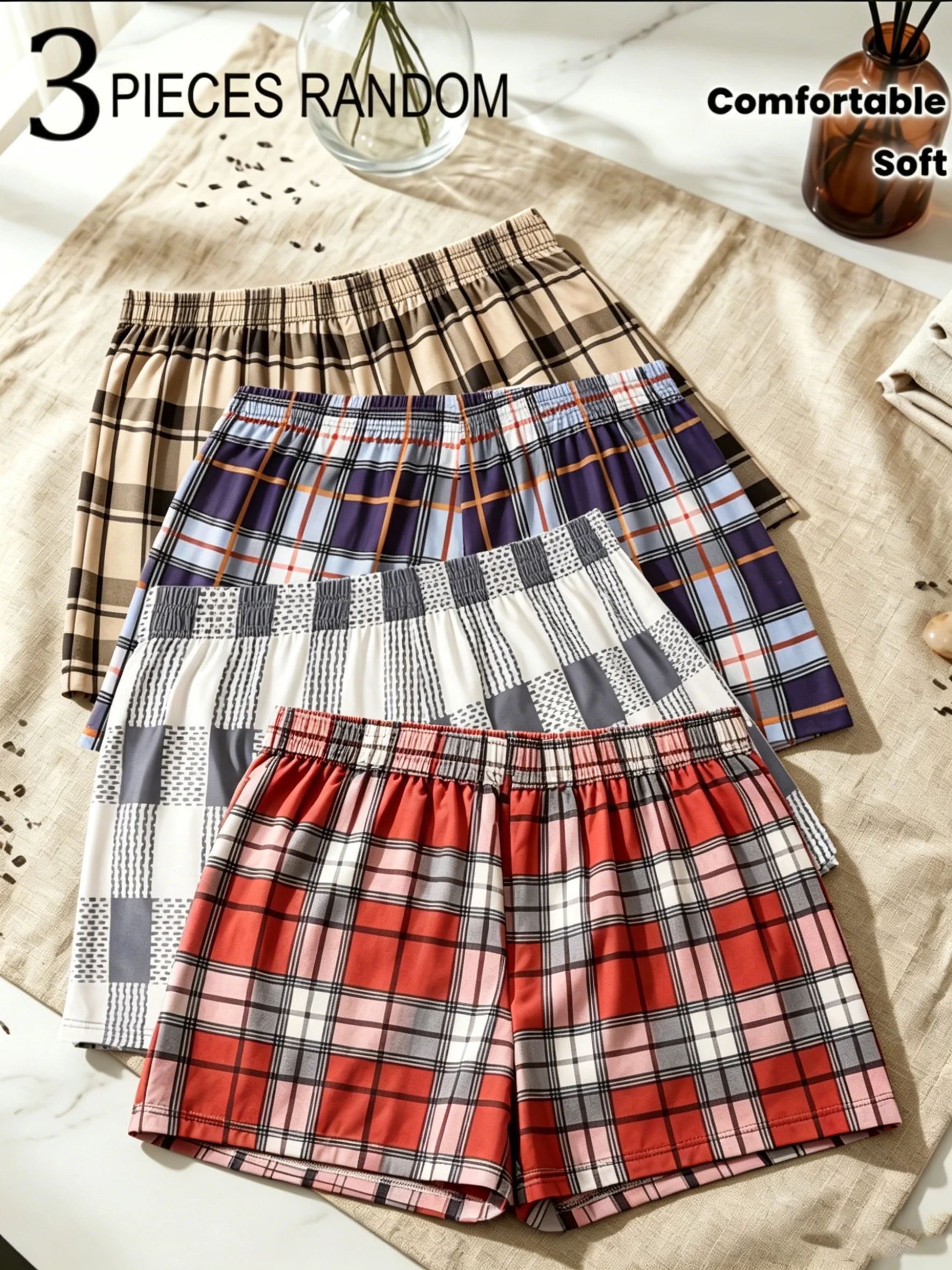 3PCS random elderly sleeping pants breathable and comfortable men's underwear multi-color checkered men's underwear