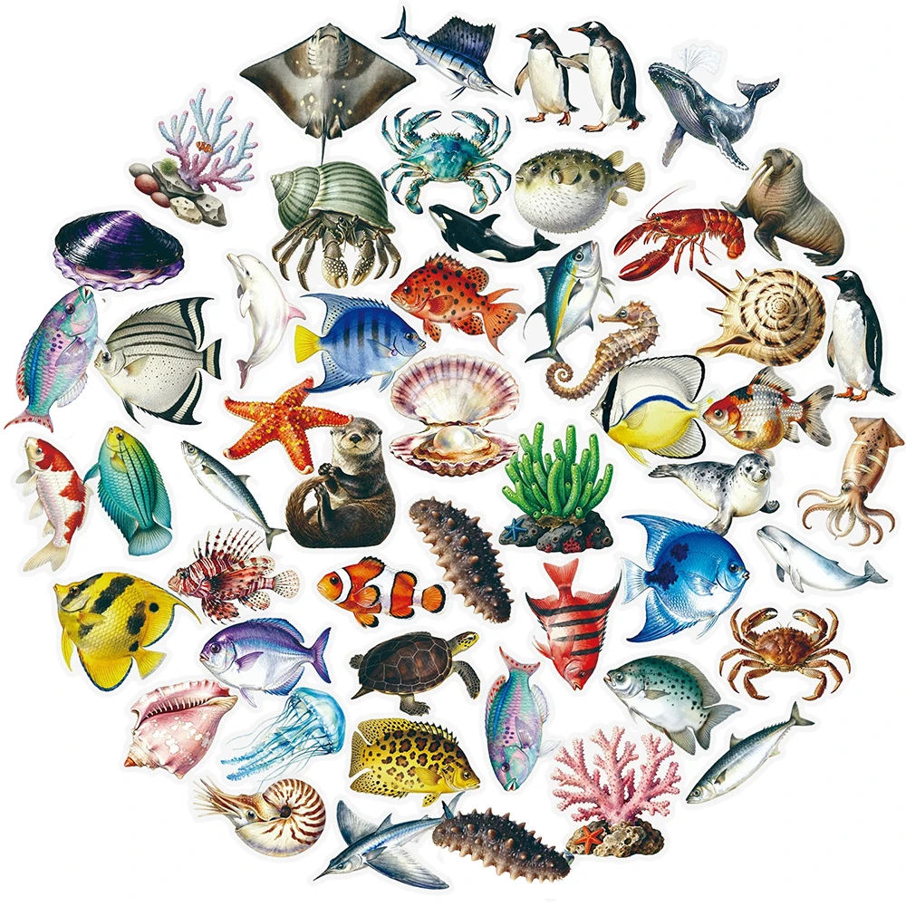 

10/30/56pcs Realistic Marine Organism Transparent Stickers Fish Crab Seal Conch Decals Stationery Phone Notebook Sticker Decor