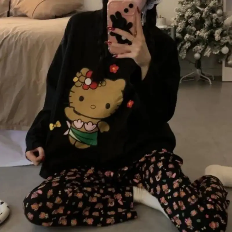 Sanrio Girl T-Shirt Trousers Pajama Set Spring and Autumn Kawaii Hello Kitty Comic Round Neck Leisure Time Go Out Leisure Wear