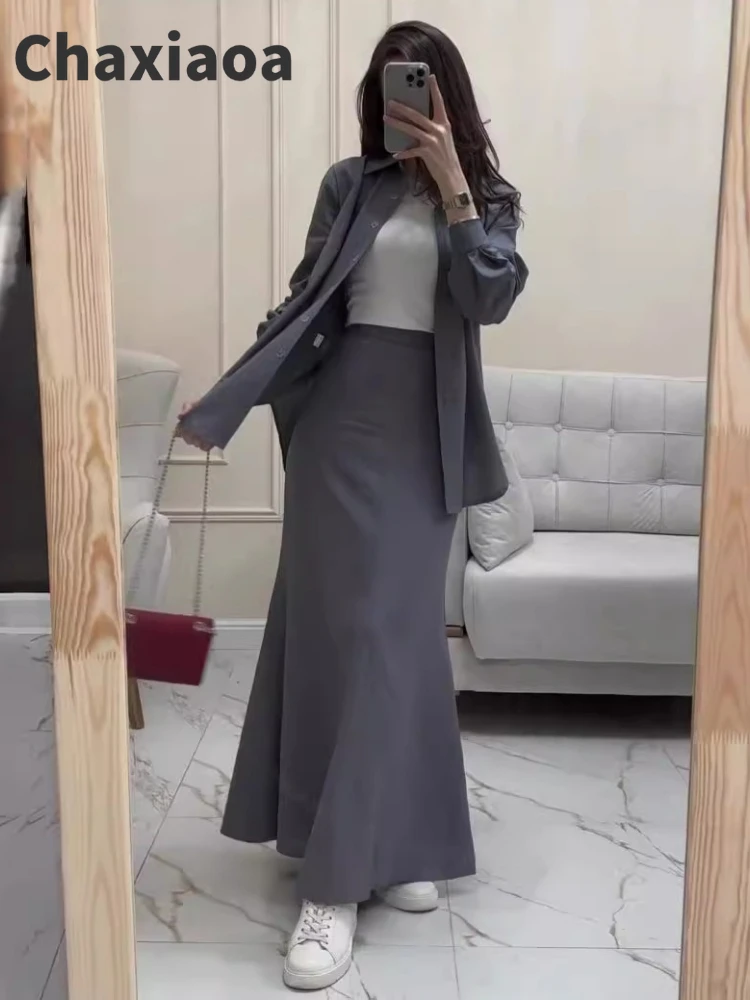 

Chaxiaoa Gray Two Piece Set for Women 2025 New Long Sleeved Shirt + High Waist Slim Skirt Suits Female Streetwear Daily Outfits