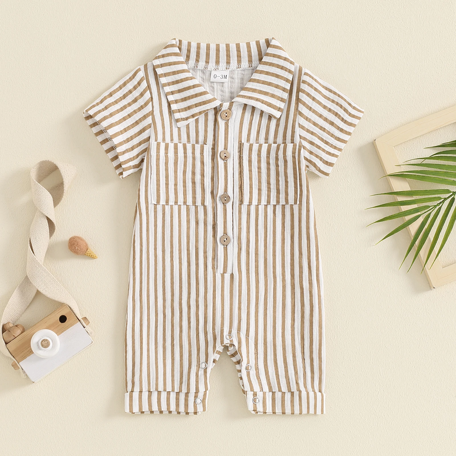 Baby Boy Striped Button Romper Double Pockets Lapel Neck Short Sleeve Front Single-breasted Hemming Legs Jumpsuit Boys Outfits