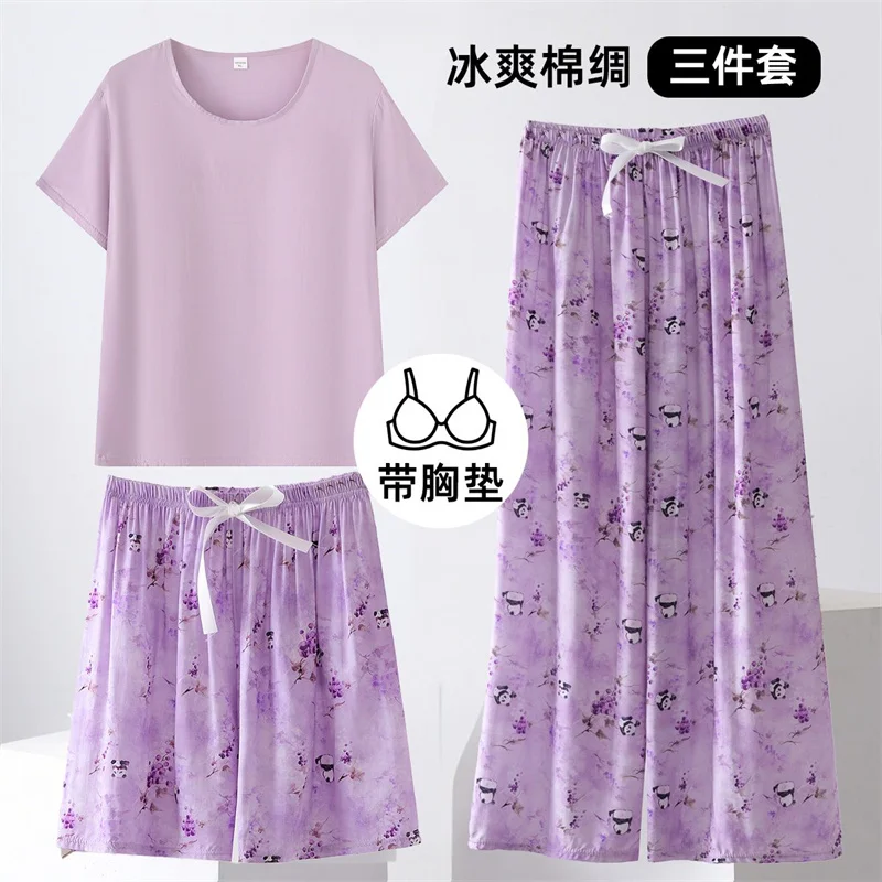 

Femme Round Neck Cotton Silk Pajamas Women Large Size 4XL Cotton Silk Pajama Set Summer Lady Cotton Silk Pajamas Three Piece Set