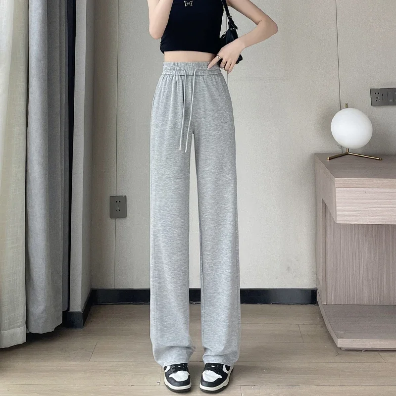 High waisted narrow version wide leg pants for women in summer 2024, versatile straight leg slimming casual pants, long pants