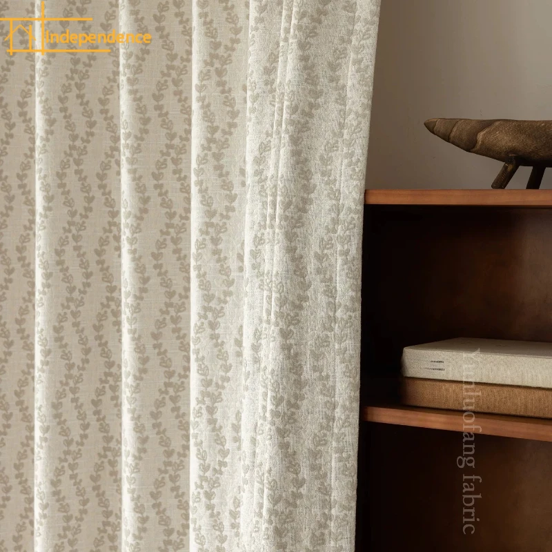 American Retro Beige Cotton Linen Jacquard Thickened Blackout Curtains for Living Room and Bedroom Customized Door Curtains