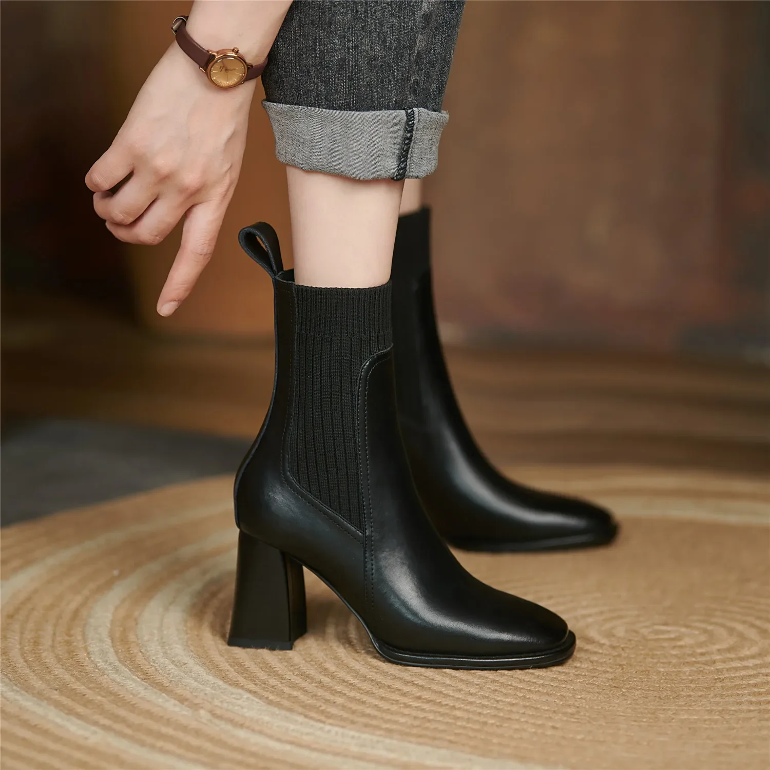 Women Ankle Boots Split Cow Leather Chunky High Heel Knitted Wool Slip on Quality Designer Spring Fall Sock Boots Big Size 42