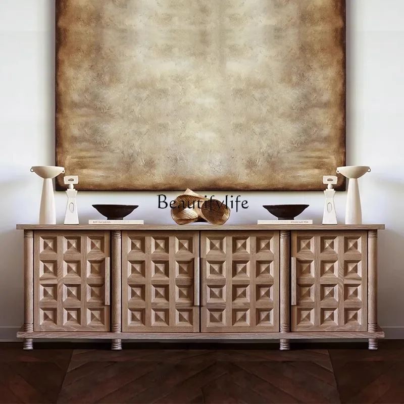 

yj5 French Retro Sideboard American Carved Solid Wood Wabi-Sabi Style Hallway Display Wall TV Cabinet