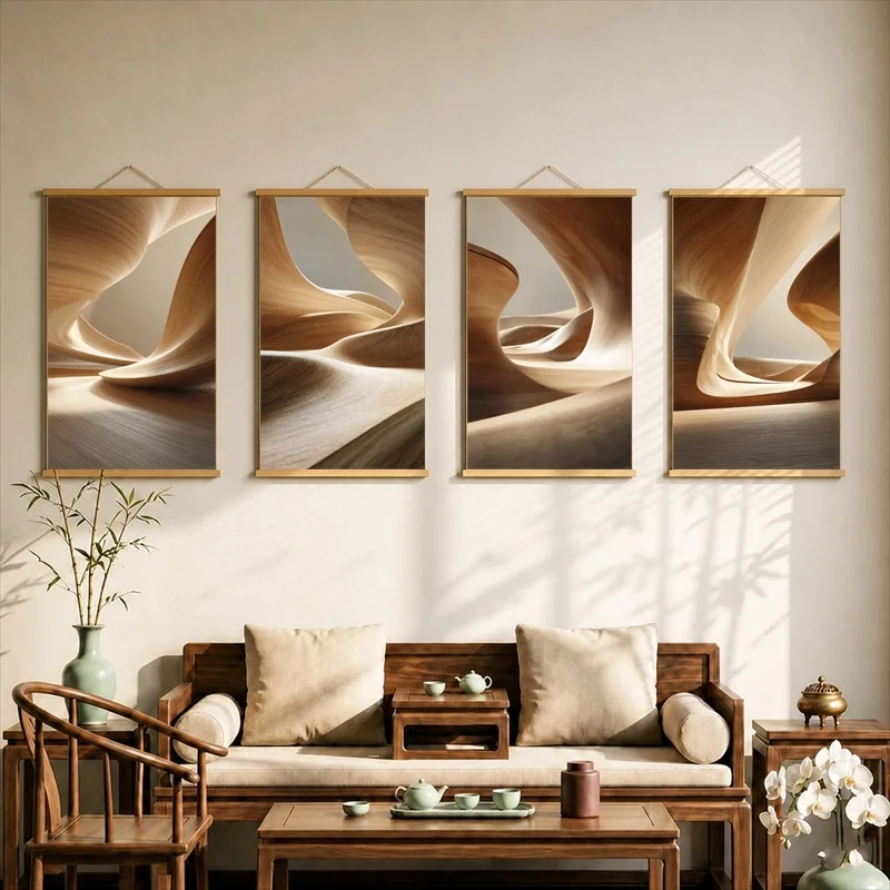 Abstract Wood Grain Canvas Wall Art Hanging Scroll Organic Natural Texture Print with Wooden Rods for Living Room Decor