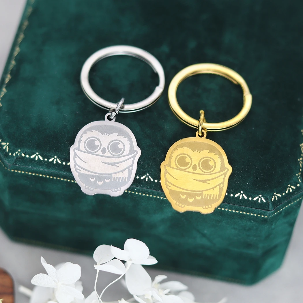 Wearing a Scarf Owl Pendant Custom ID Phone Tag Key Chain Cartoon Cute Stainless Steel Key Chain Women's and Men's