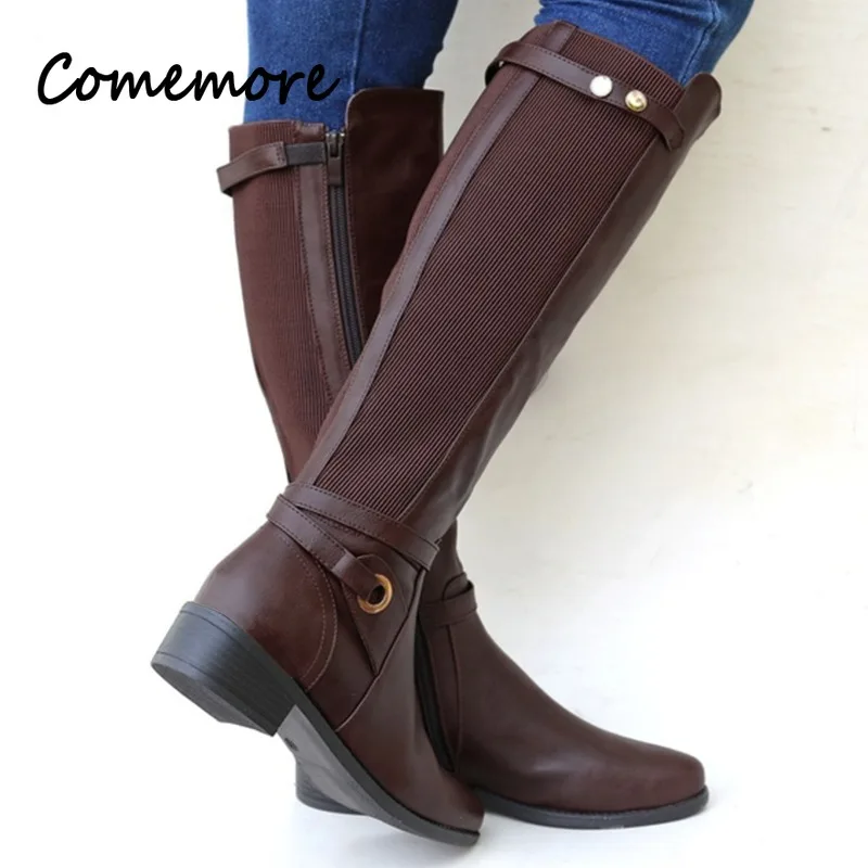 Comemore Women\'s Buckle Long Knight Boots Female Combat Boots Women Low Heels Shoes Plus Size Women Zip Leather Knee High Boots