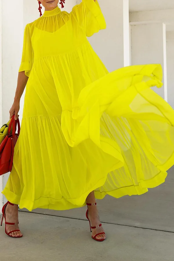 Spring Summer Chiffon Pleated Maxi Dress Women Causal Solid Ruched Loose Fit See Through Long Dress Women