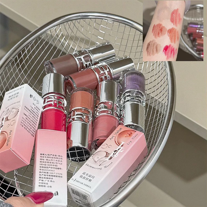 キラキラミラーリップグレーズ、水っぽい唇きらめく光水っぽいリップグロスメイクアップ6色、保湿保湿、長持ち