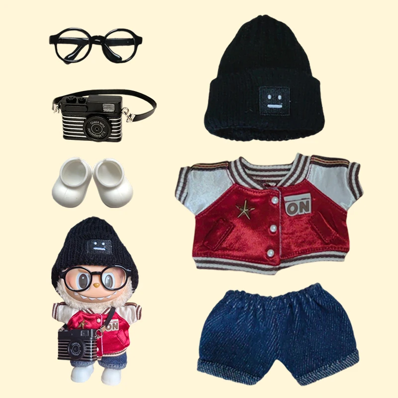17cm Mini Doll'S Clothes Outfit Accessories For Labubu V1 V2 Striped overalls hats glasses shoes Cool handsome Clothing Gift
