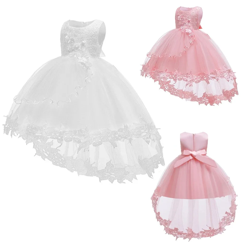 Girl Princess Dress Baby Baptism Lace Solid Long Tailing Dress 1 Year Birthday Party CarnivalBridesmaid Vestidos for 0-24Months