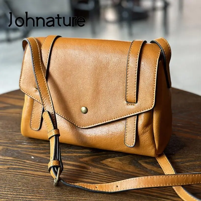 Johnature Simple Genuine Leather Women Bag 2024 New Vintage Shoulder Bags Solid Color Natural Soft Cowhide Messenger Bag