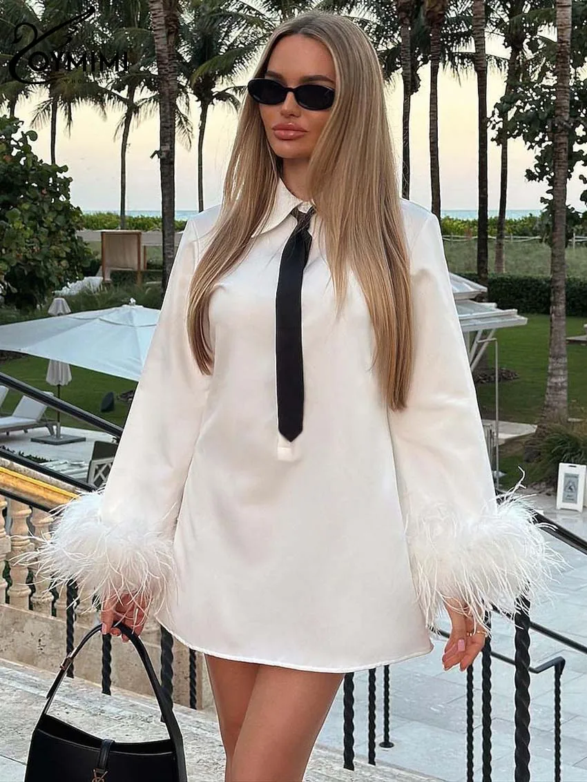 

Oymimi Fashion White Loose Womens Dresses Elegant Lapel Black Tie Long Sleeve Dresses Spring Feathers Mini Dress Female Clothing