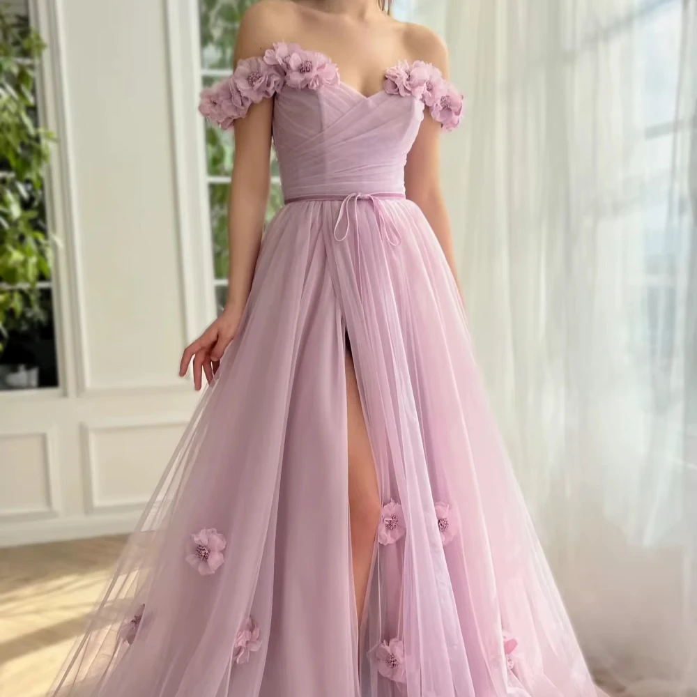 Customized Light Purple 3D Floral Wedding Dress For Woman With Slit Off Shoulder A-line Tulle Long Gown New Long Bridal Gown