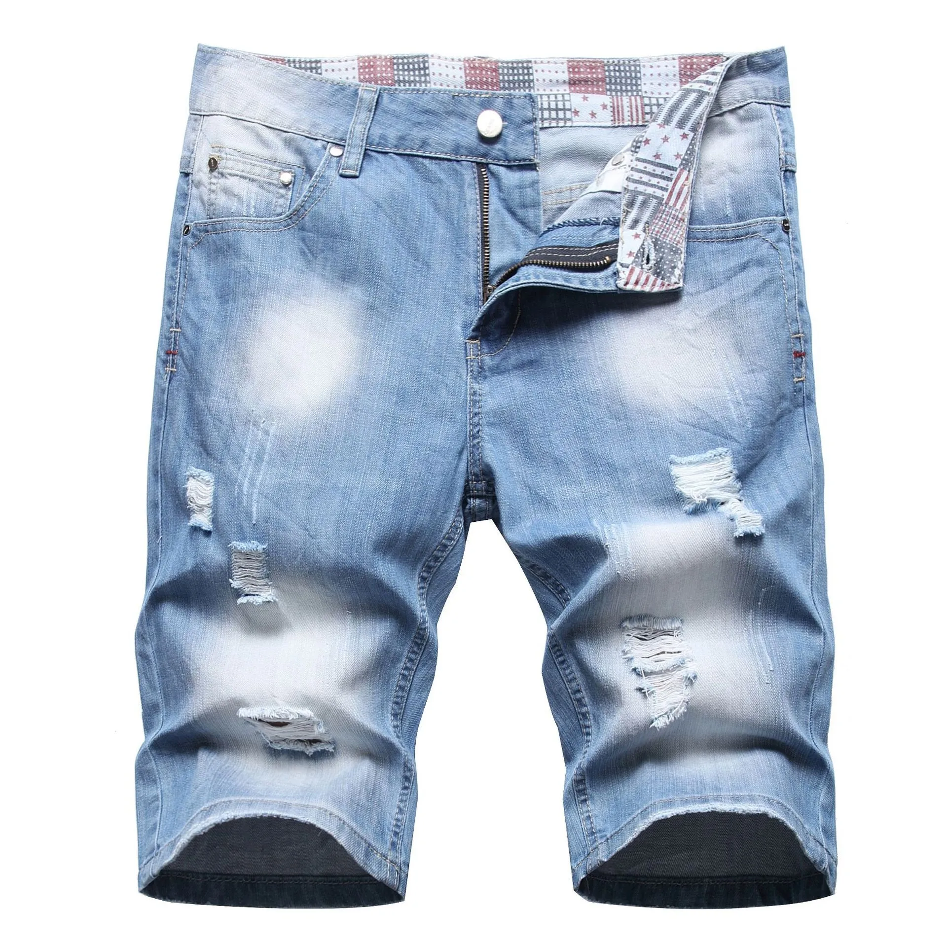 Summer denim shorts men ripped mid-length pants Korean version of the trend loose straight leg  men's five quarter