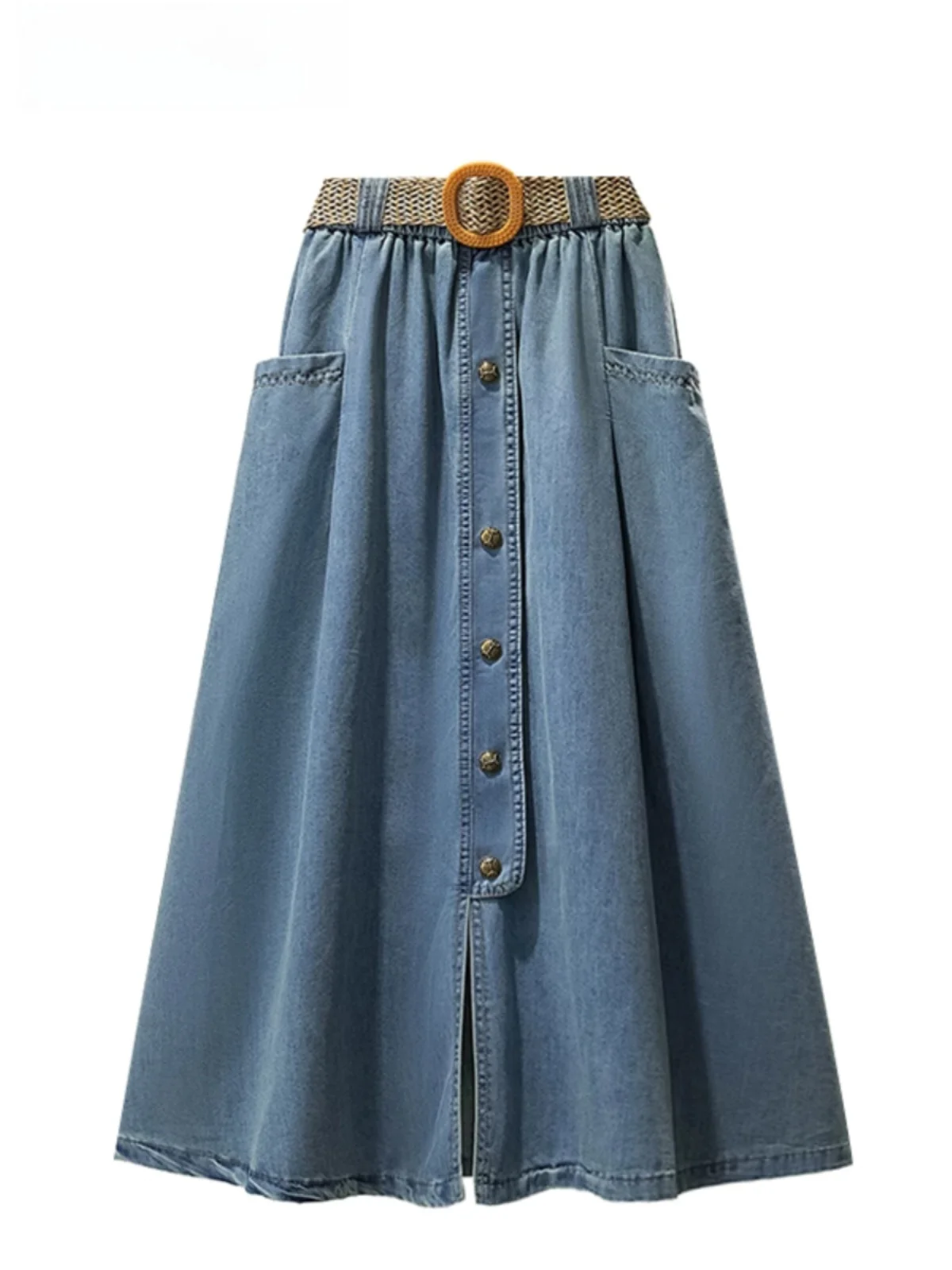 

High Waist Denim Skirt for plus Size Women Summer Fashion Pear Shape Body Covering Hip Flattering Mid-Length Korean Style